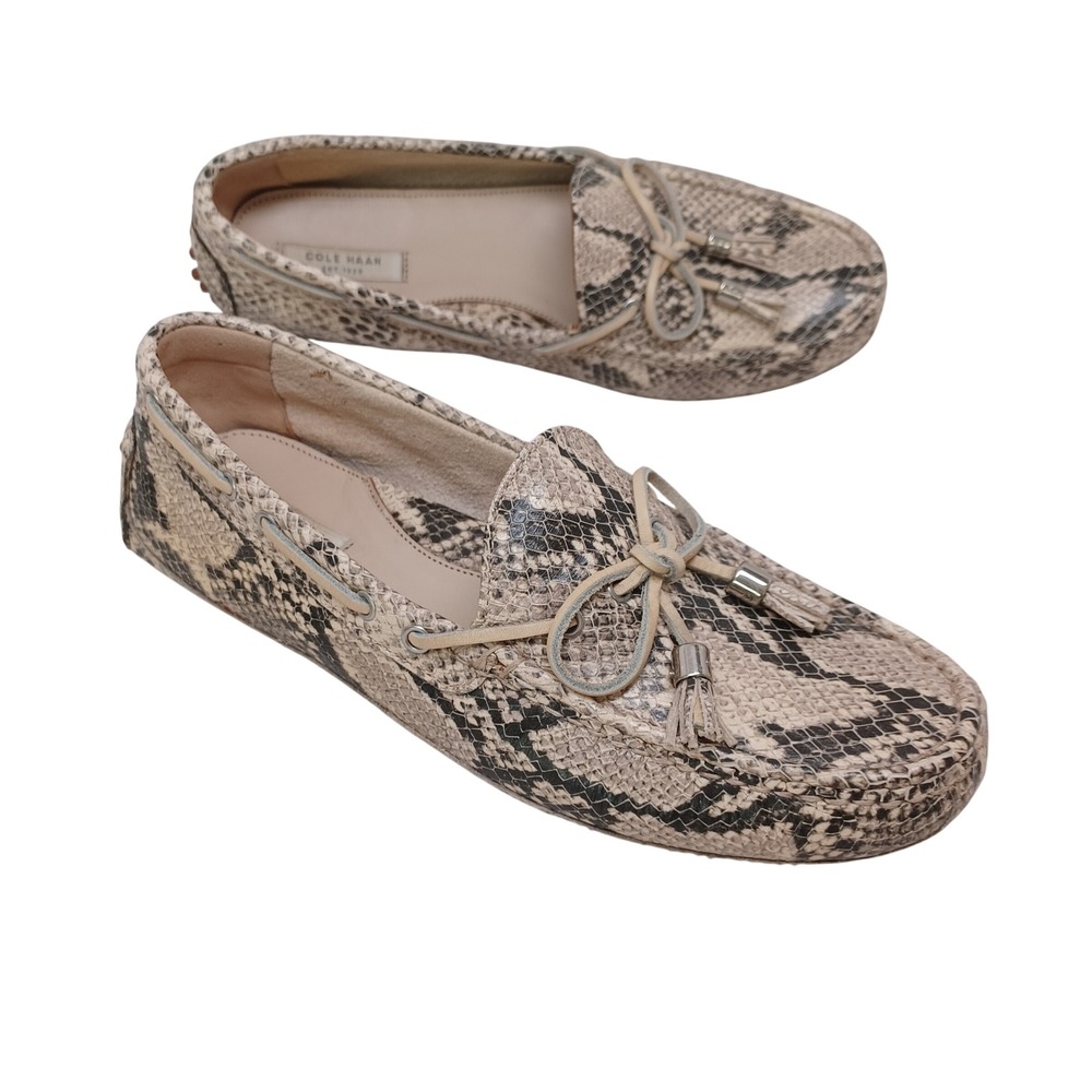 Cole Haan Grant Snakeskin Embossed Leather Driving Loafers Mocs Cream Black 7B